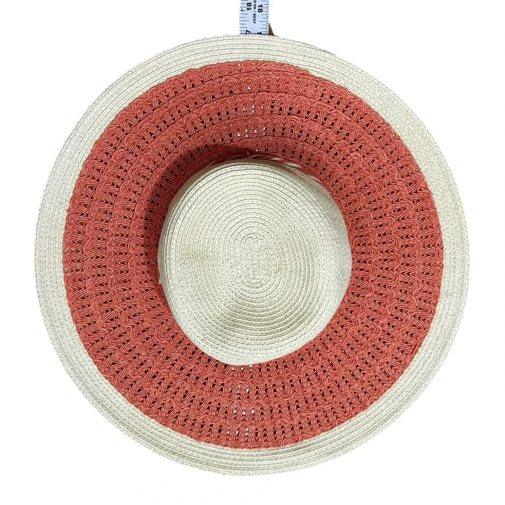 CAPPELLI Wide Brim Straw Hat Beige Orange Rope Band Metal Flower OS Summertime